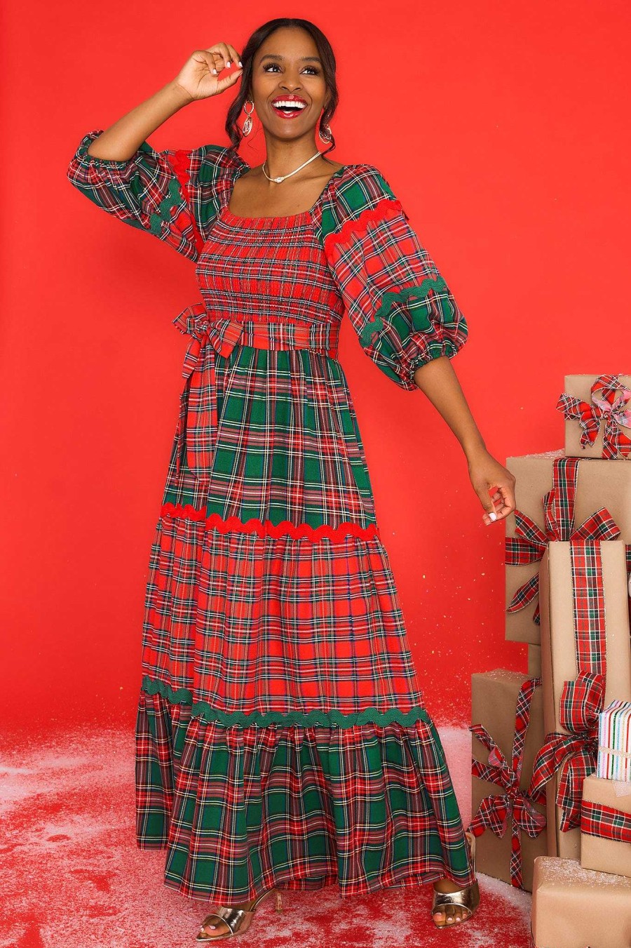 Clothing Aura Maxi Dresses | Santa'S Favorite Plaid Maxi Dress Red
