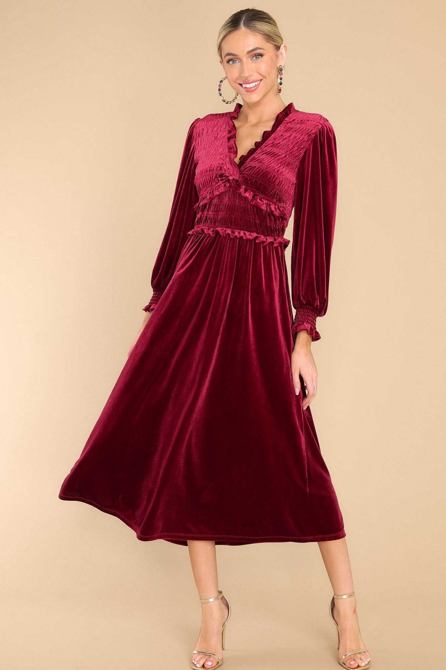 Clothing Red Dress Midi Dresses | In The Past Faux Velvet Midi Dress Burgundy