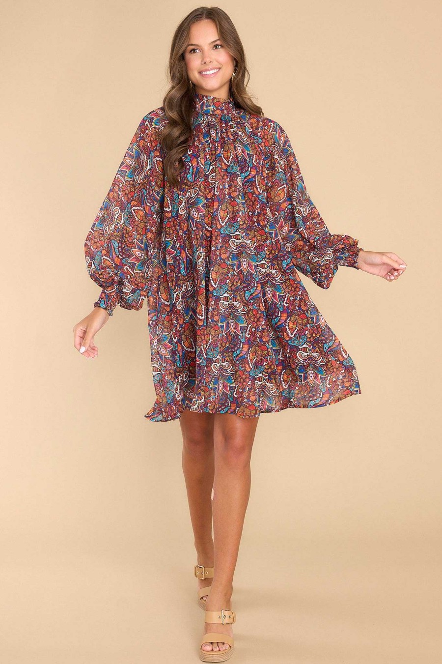 Clothing Aura Mini Dresses | Just Like Family Multi Print Dress Burgundy