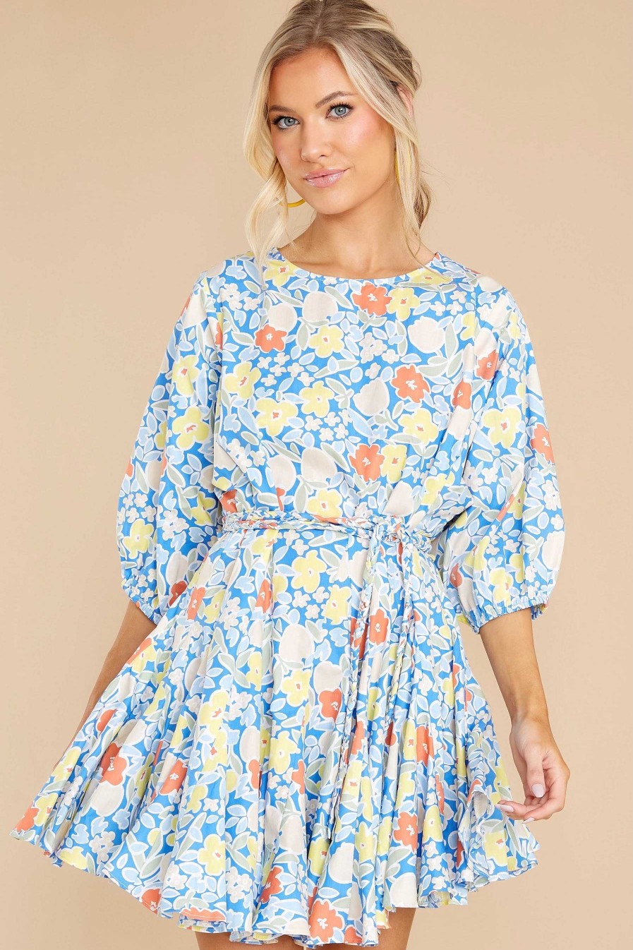Clothing Red Dress Mini Dresses | Fields Of Happy Floral Print Dress Blue