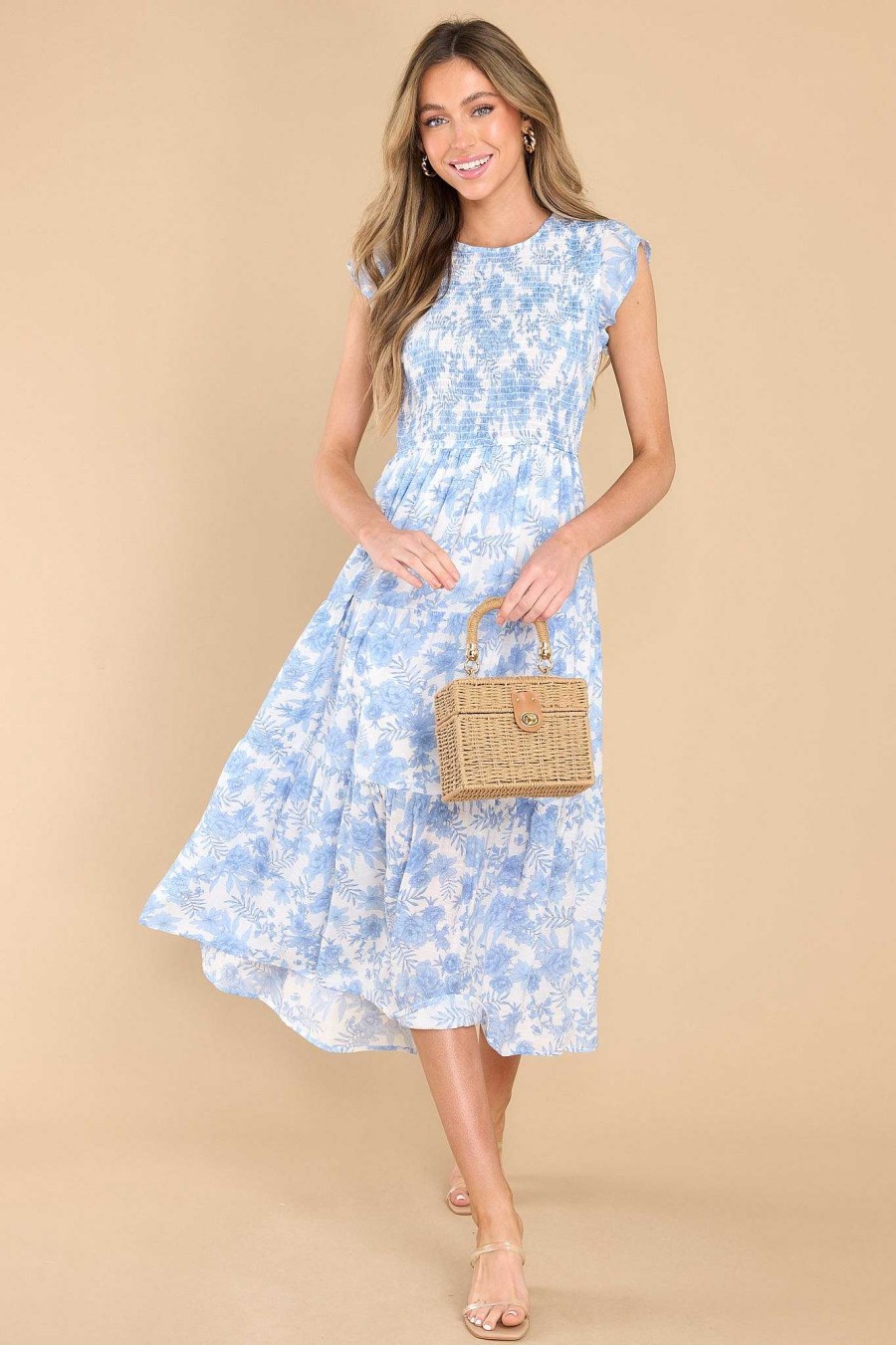 Clothing Red Dress Midi Dresses | Don'T Leave Floral Print Midi Dress Blue