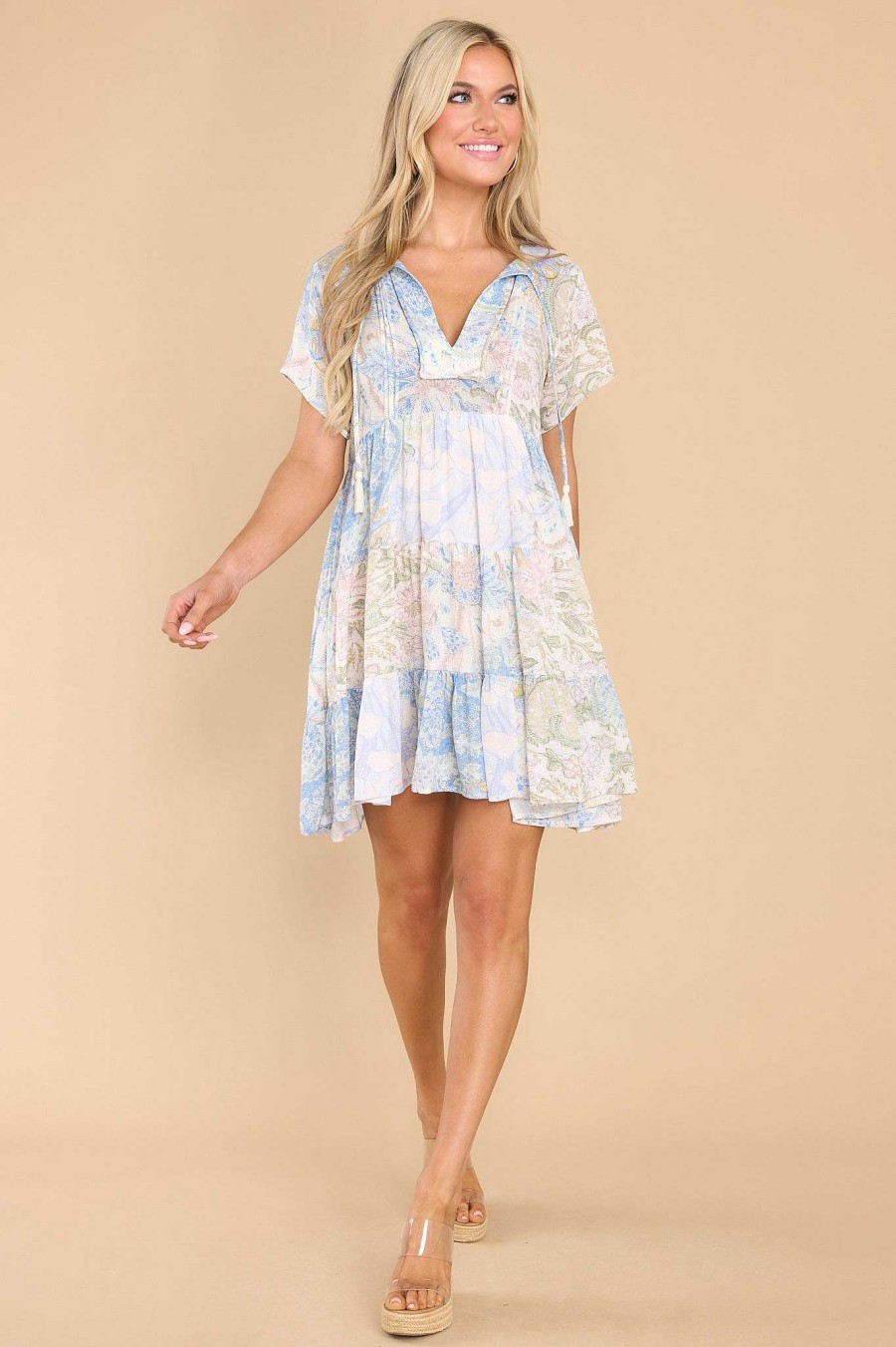 Clothing Red Dress Mini Dresses | Delicate Lady Multi Print Dress Pastel Blue
