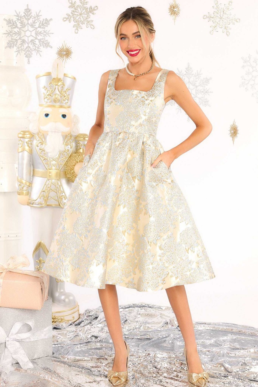 Clothing Aura Midi Dresses | Whispers In The Wind Floral Dress Gold