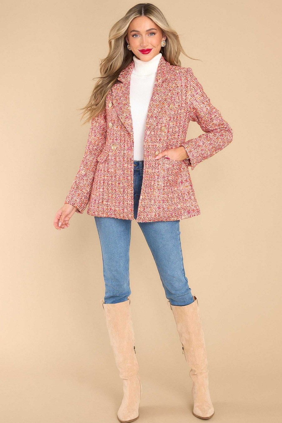 Clothing Red Dress Two Piece Sets | You Know Me Tweed Coat Magenta