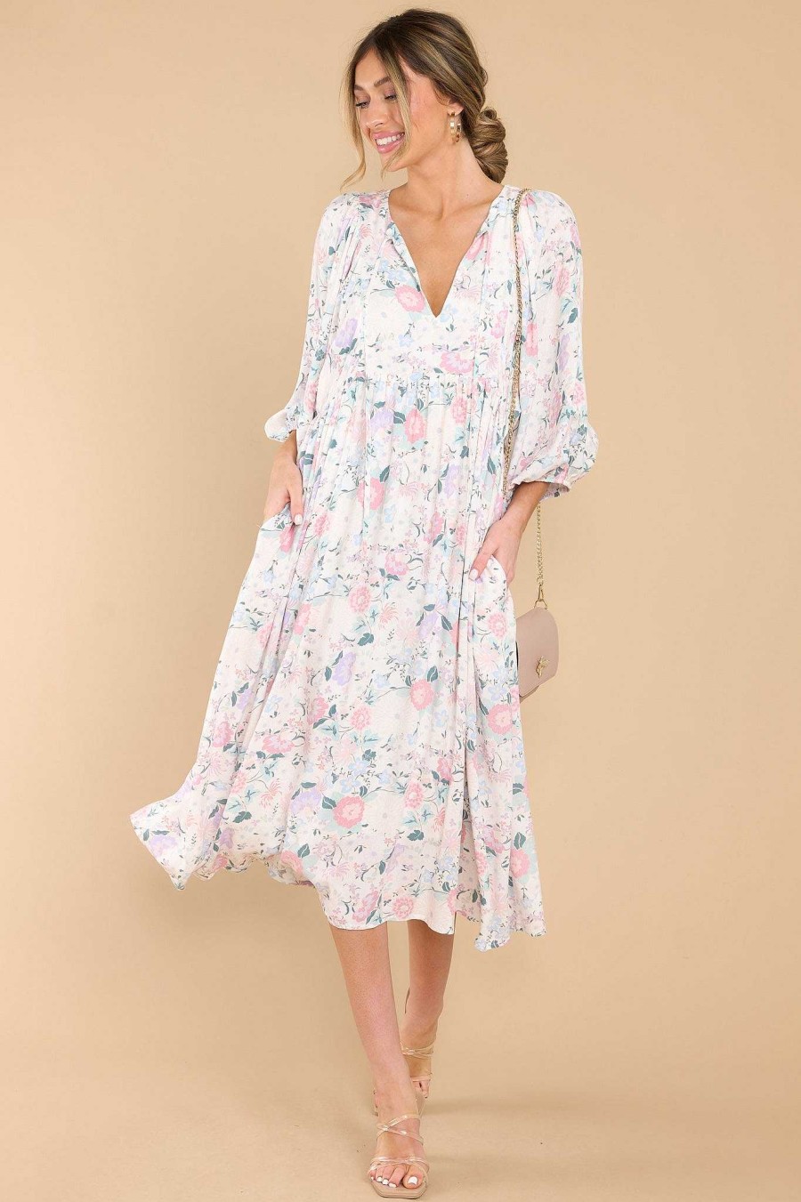 Clothing Red Dress Midi Dresses | Share My Day Floral Midi Dress Ivory