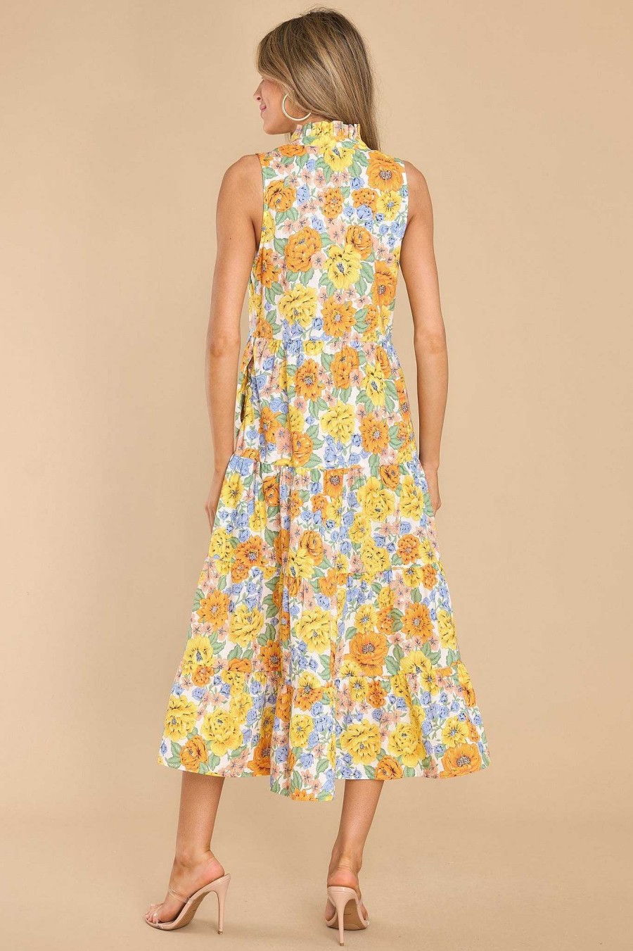 Clothing Red Dress Midi Dresses | Groovy Girl Yellow Floral Midi Dress Ivory Yellow Orange
