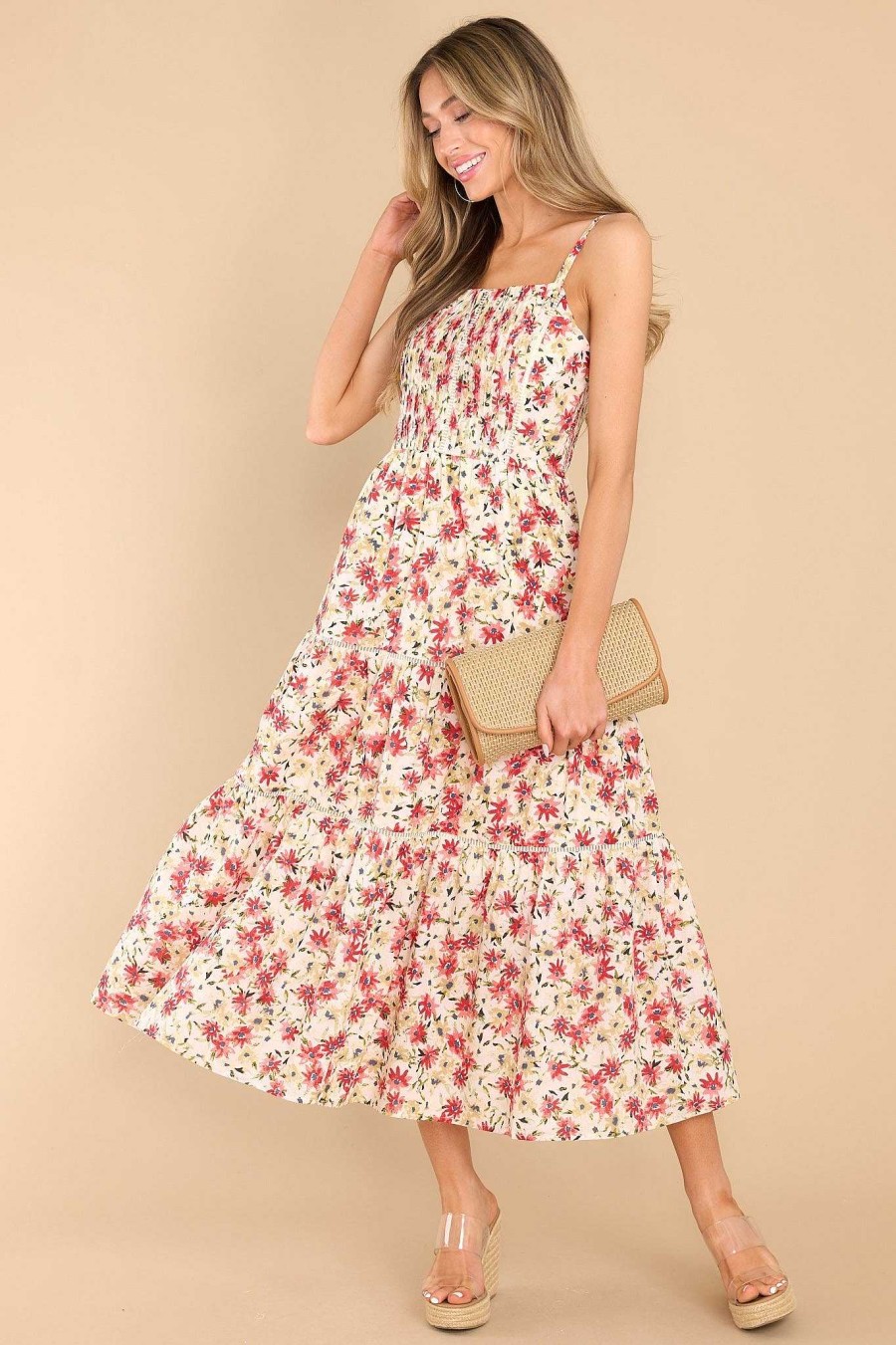 Clothing Red Dress Midi Dresses | Free To Choose Floral Midi Dress Ivory