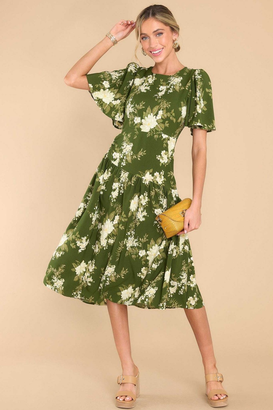 Clothing Red Dress Midi Dresses | Beautiful Botanicals Floral Print Midi Dress Green