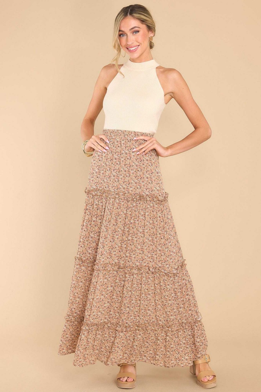 Clothing Red Dress Skirts | Purposefully Posh Floral Maxi Skirt Tan