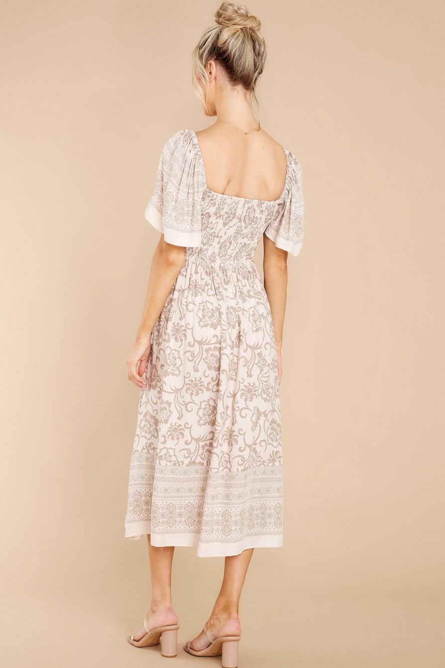 Clothing Aura Midi Dresses | It'S My Honor Taupe Print Midi Dress Beige
