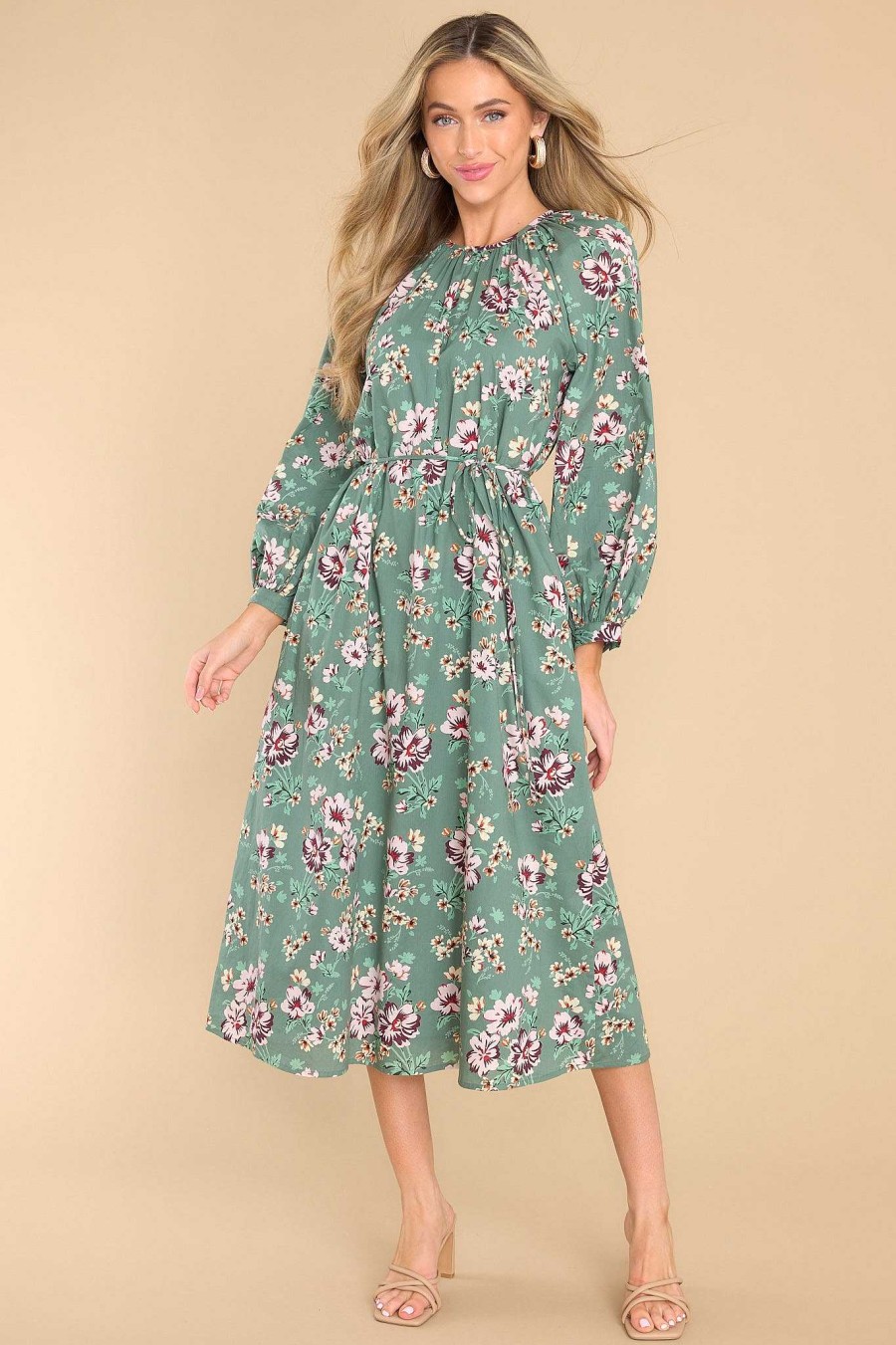 Clothing Olivia James The Label Midi Dresses | Evelyn Apres Floral Dress Sage