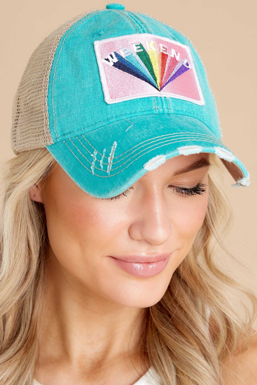 Accessories Red Dress Hats | Rainbows And Weekends Distressed Cap Aqua Blue