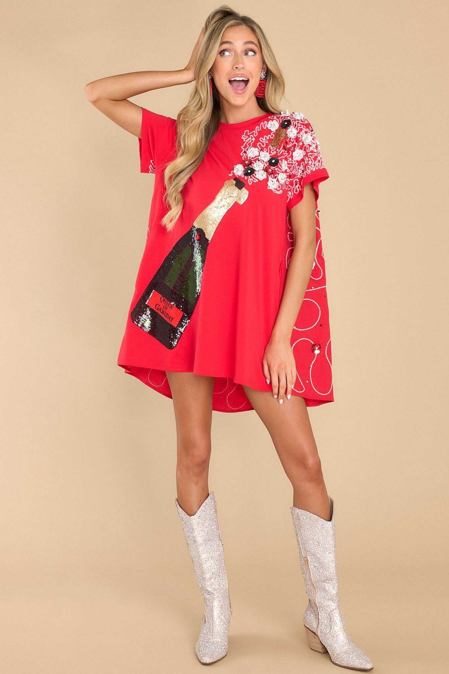 Clothing Queen of Sparkles Mini Dresses | Black Popping Champagne Tee Dress Red