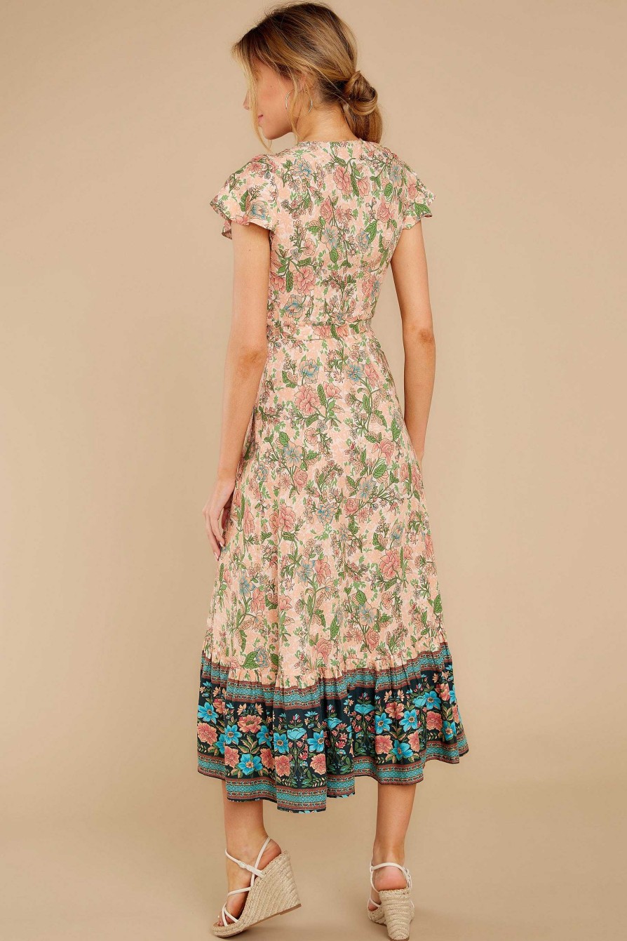Clothing Red Dress Midi Dresses | Love Is Here Floral Print Midi Dress Nude
