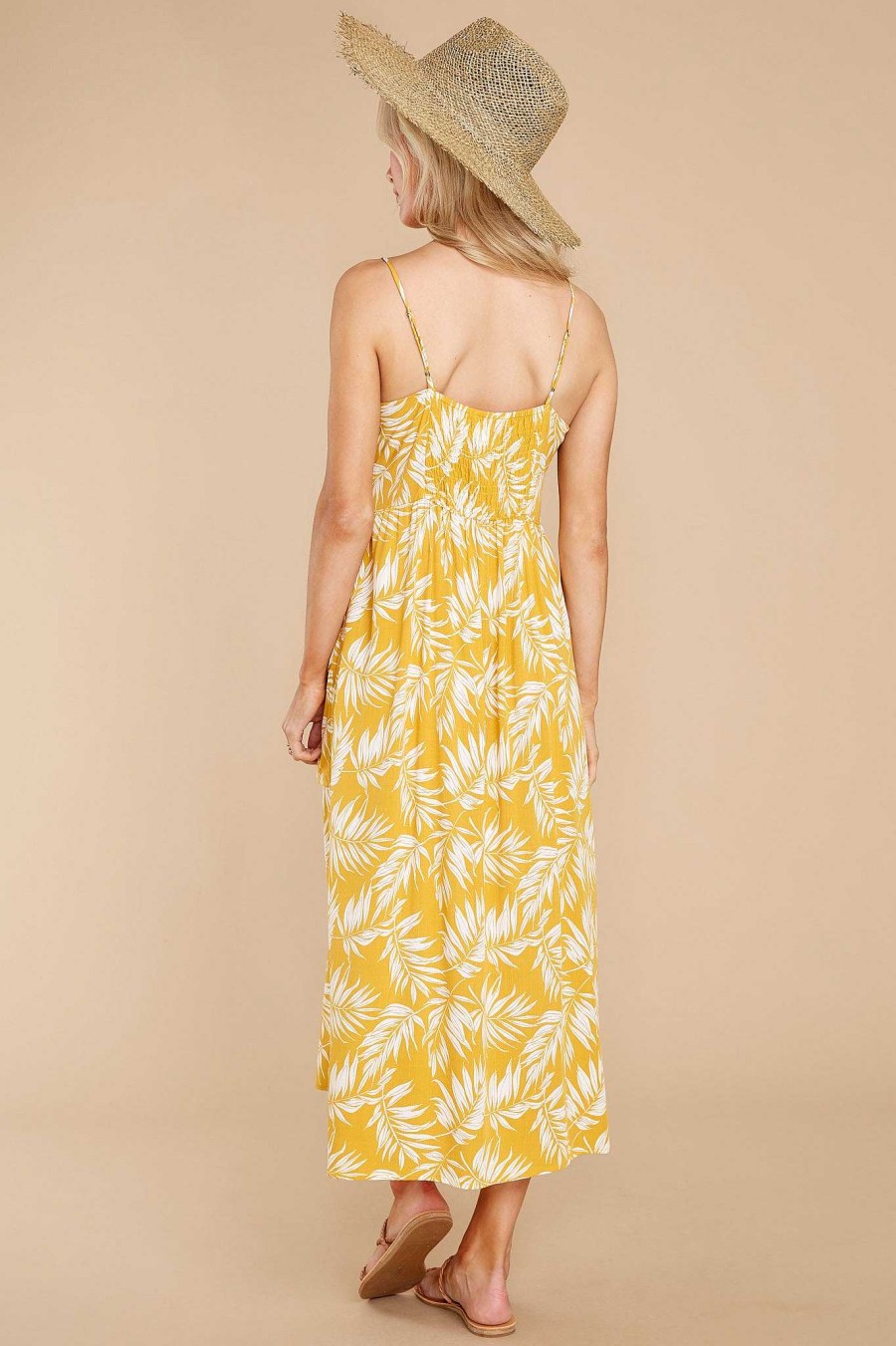 Clothing Red Dress Midi Dresses | Refreshing Feeling Marigold Leaf Print Midi Dress Yellow