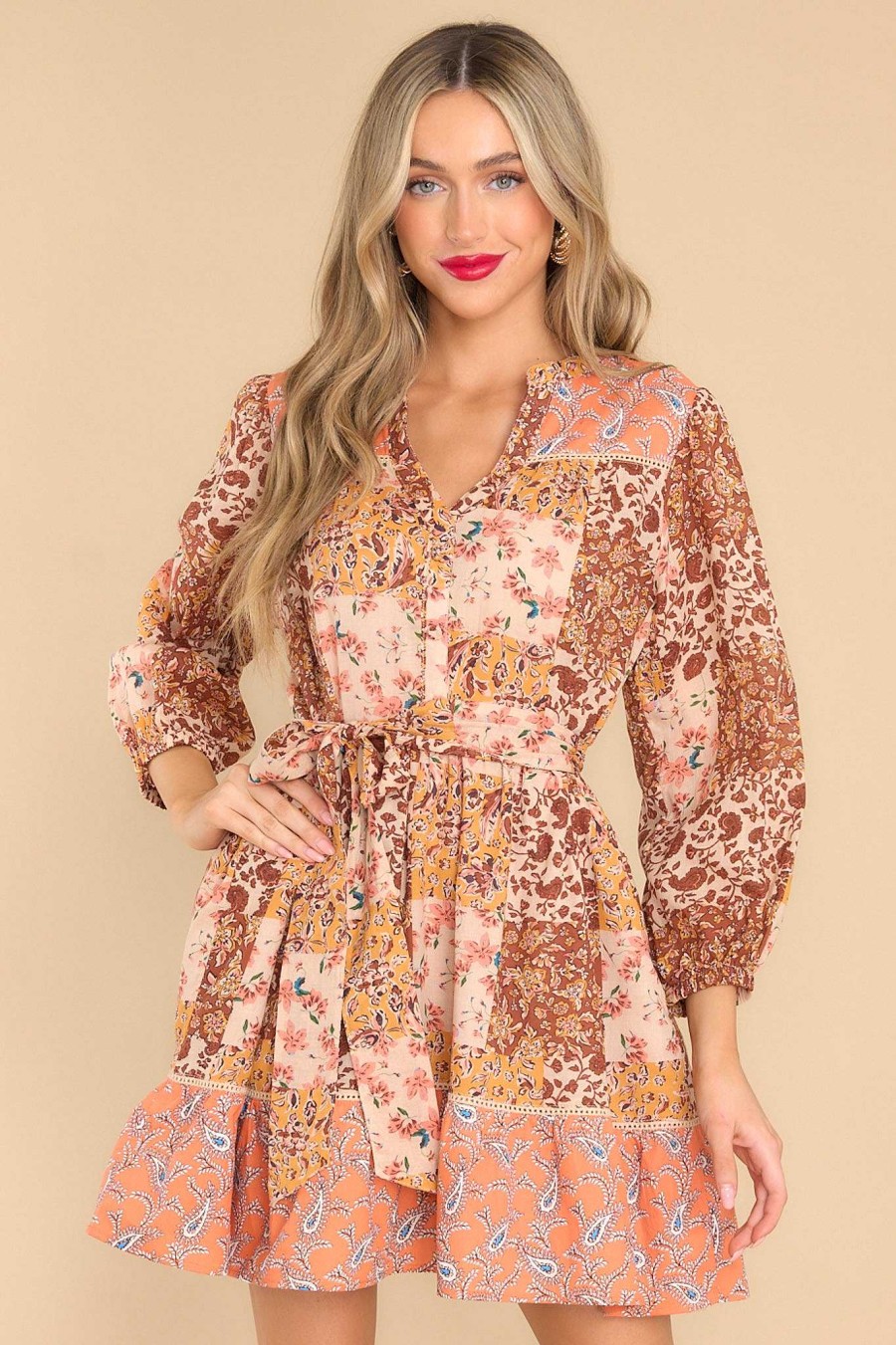 Clothing Red Dress Mini Dresses | Burning Stories Brown Patchwork Mini Dress Light Brown