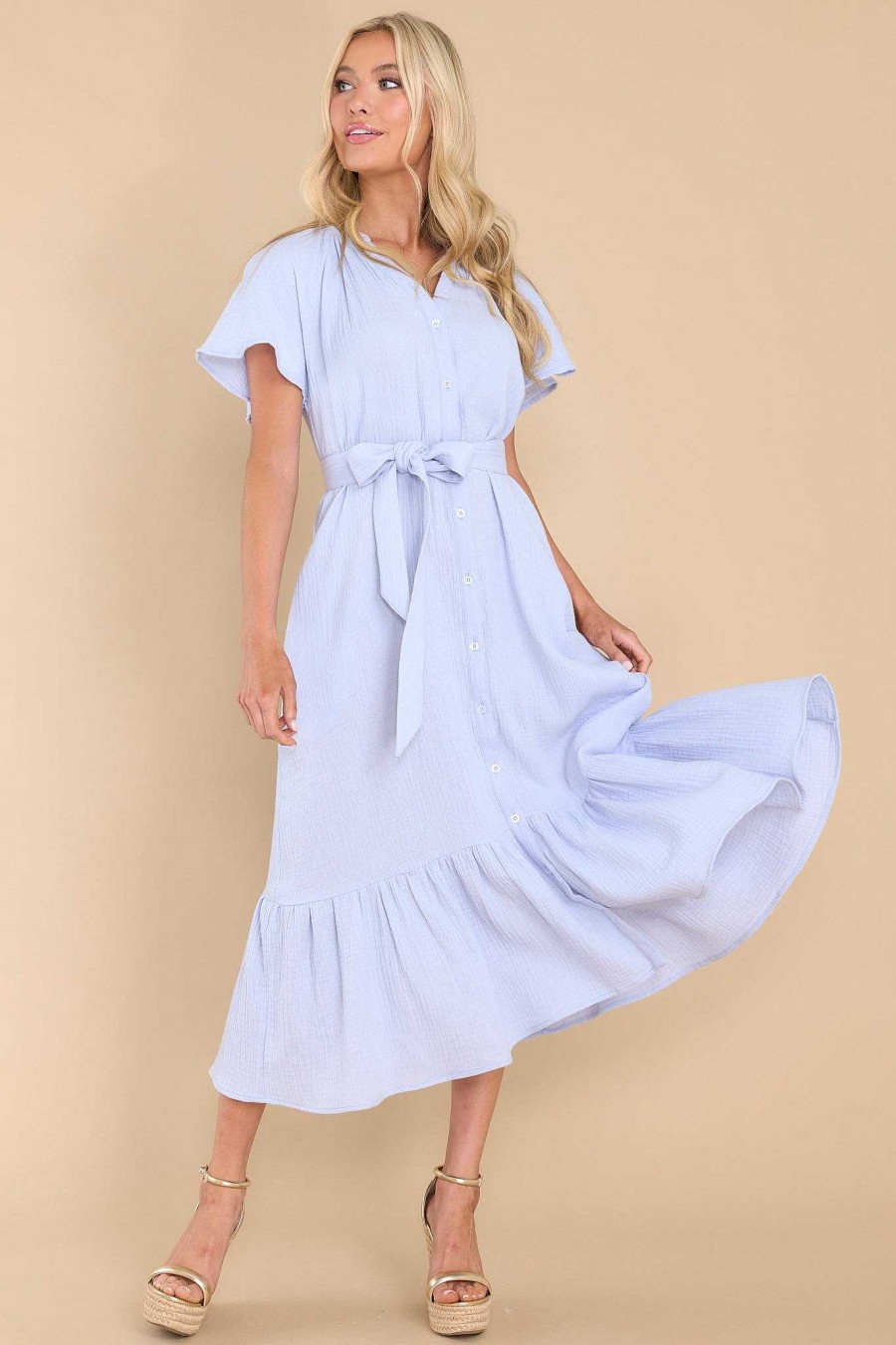 Clothing Red Dress Midi Dresses | Buttoned Up Beauty Gauze Midi Dress Dusty Blue
