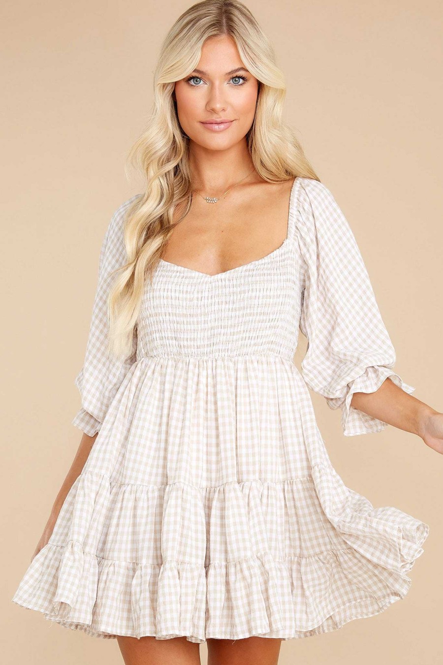 Clothing Red Dress Mini Dresses | New Sights Gingham Dress Light Taupe