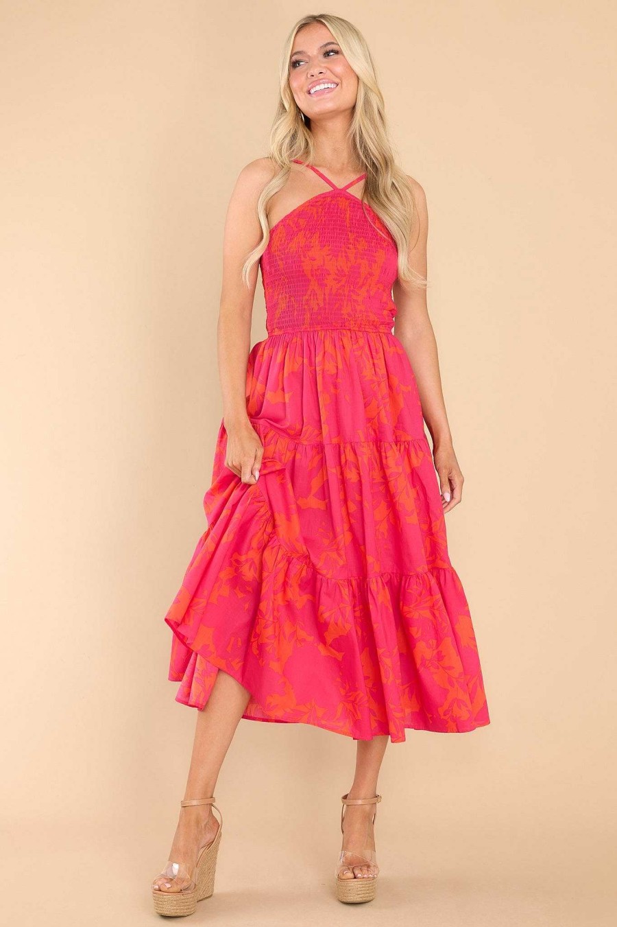 Clothing Red Dress Midi Dresses | Heating Up Print Midi Dress Fuchsia