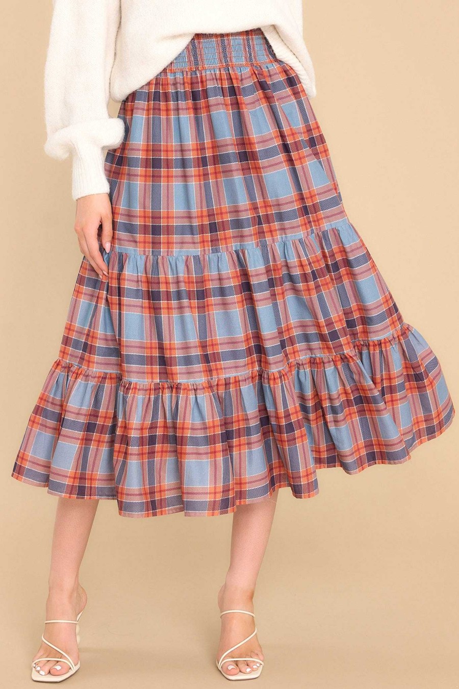 Clothing Olivia James The Label Midi Dresses | Izzy Vail Tartan Skirt Dress Orange