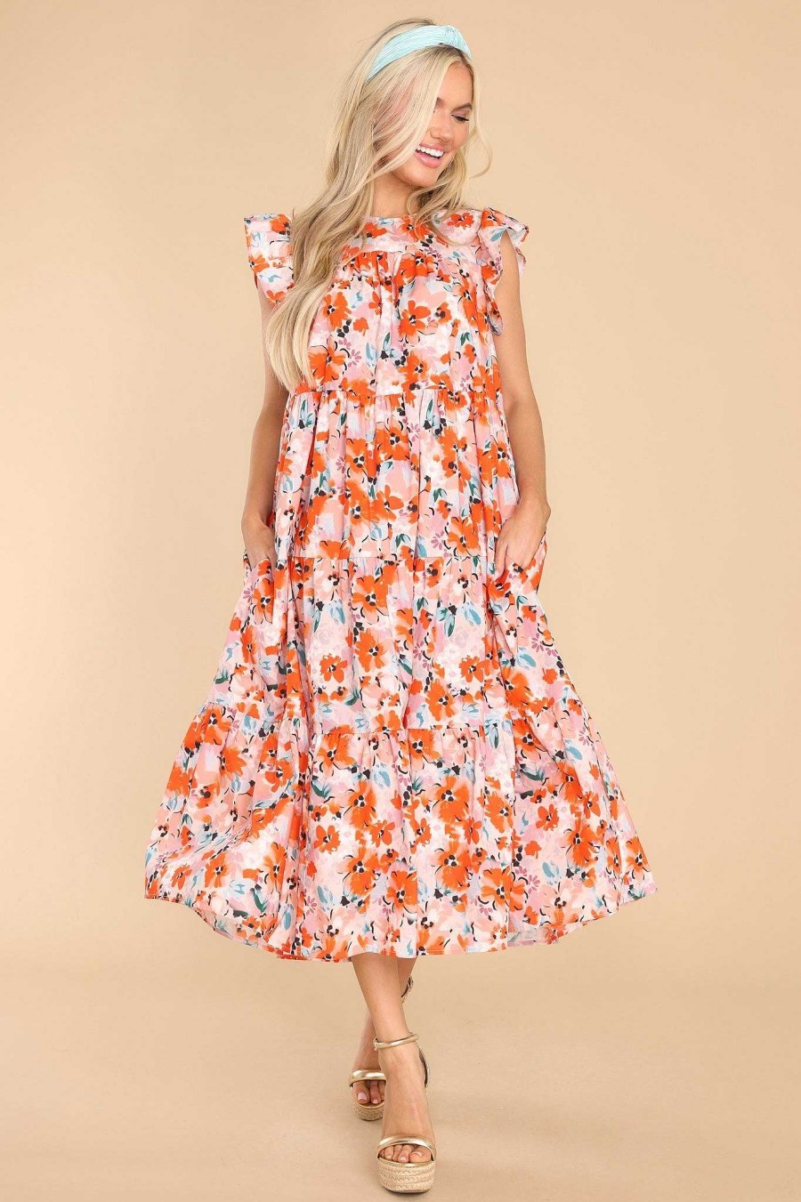 Clothing Red Dress Midi Dresses | Down For It Floral Print Midi Dress Orange
