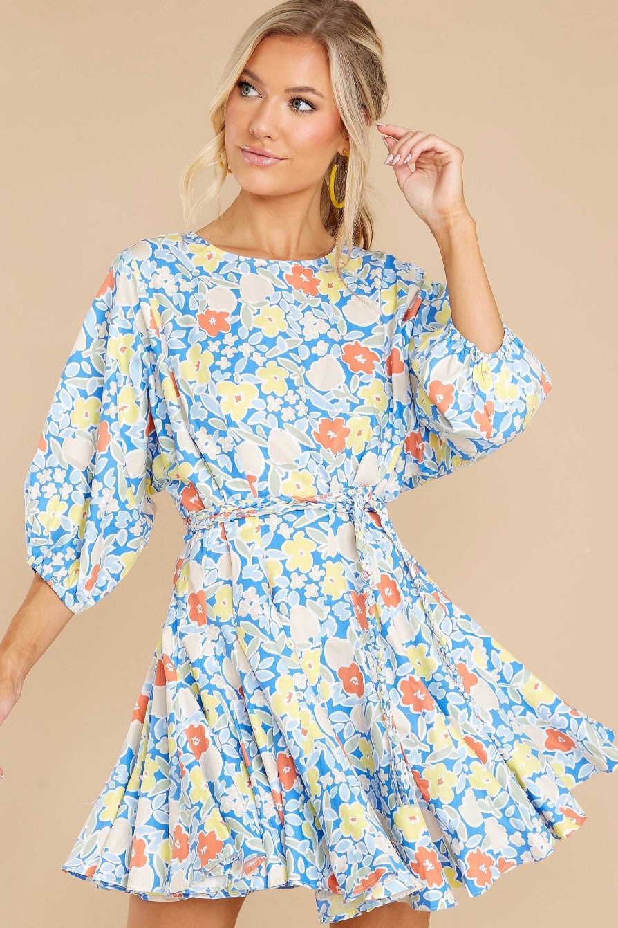 Clothing Red Dress Mini Dresses | Fields Of Happy Floral Print Dress Blue