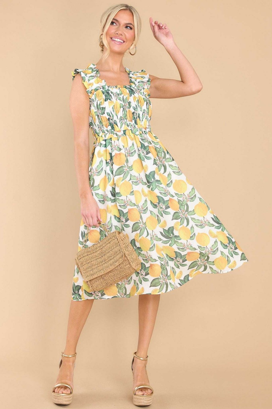 Clothing Red Dress Midi Dresses | Let'S Make Lemonade Print Midi Dress Yellow