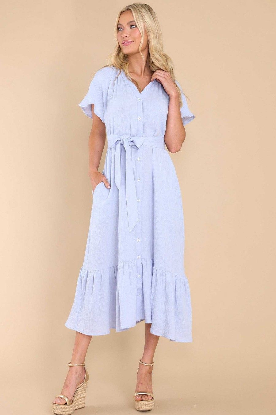 Clothing Red Dress Midi Dresses | Buttoned Up Beauty Gauze Midi Dress Dusty Blue