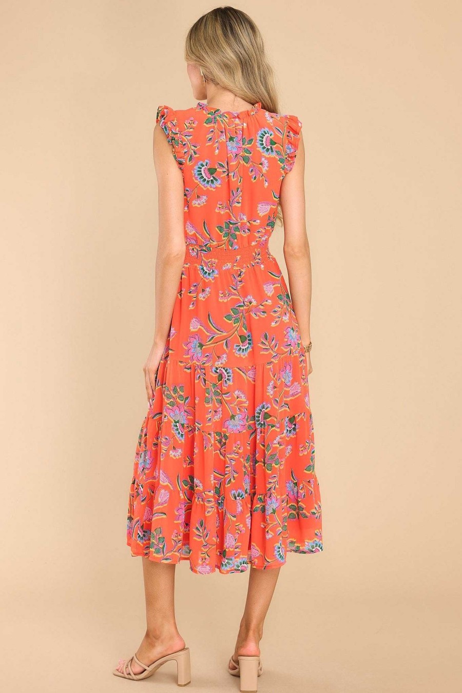 Clothing Red Dress Midi Dresses | Never Miss Floral Midi Dress Dark Coral
