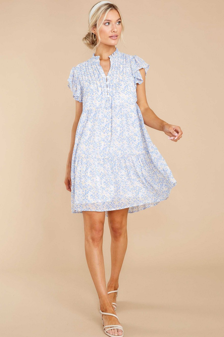 Clothing Red Dress Mini Dresses | Catch The Rain Floral Print Dress Light Blue