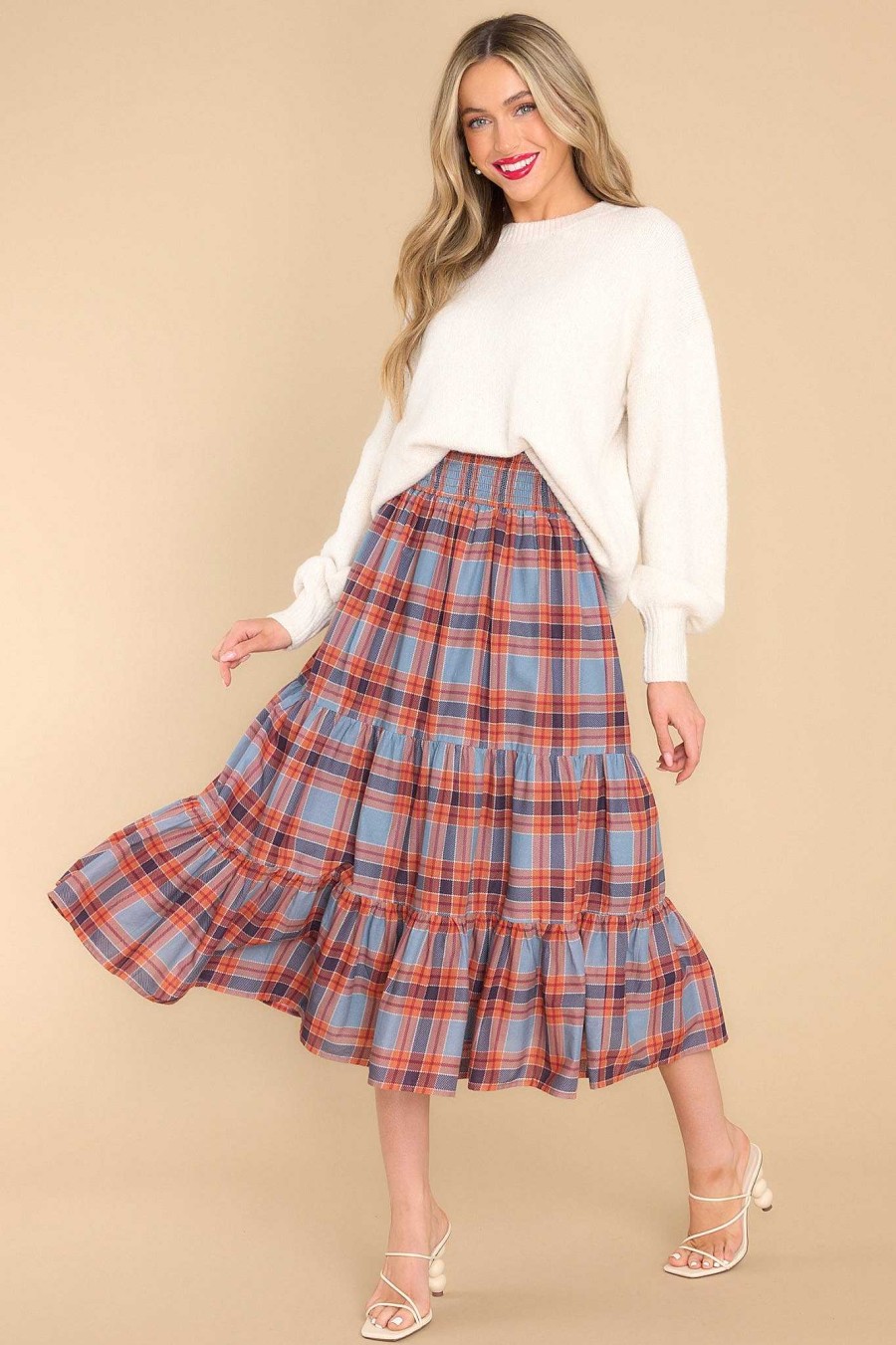 Clothing Olivia James The Label Midi Dresses | Izzy Vail Tartan Skirt Dress Orange