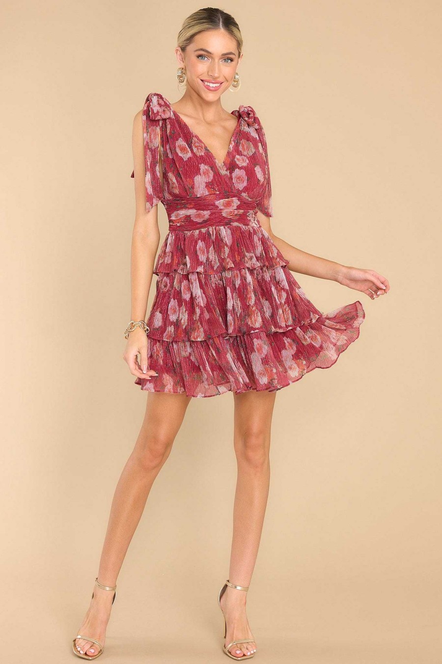 Clothing Red Dress Mini Dresses | Tailored To Me Floral Print Dress Burgundy