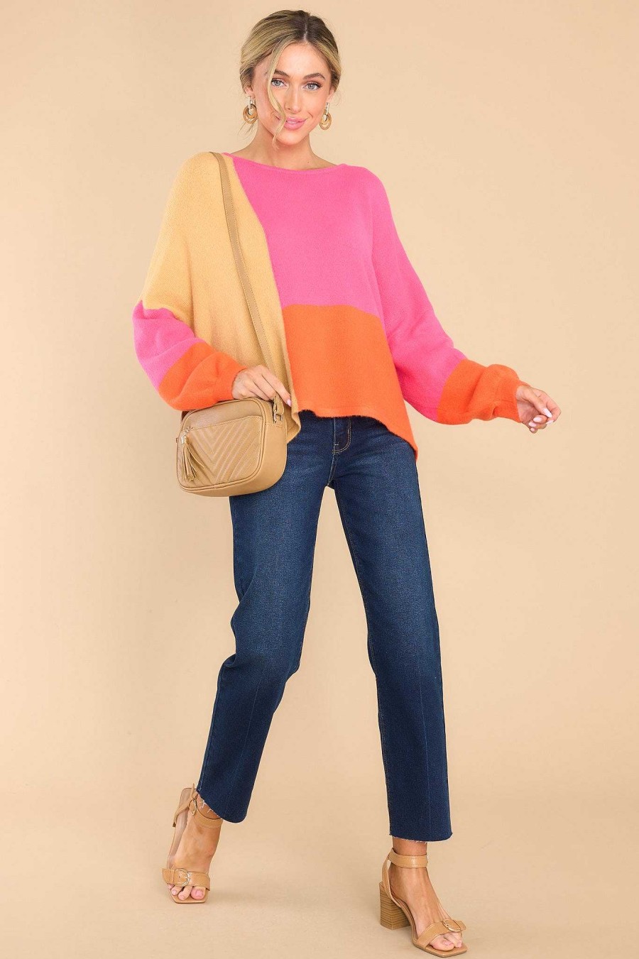 Clothing Red Dress Casual Tops | Gorgeous Ambition Pink Colorblock Sweater Orange