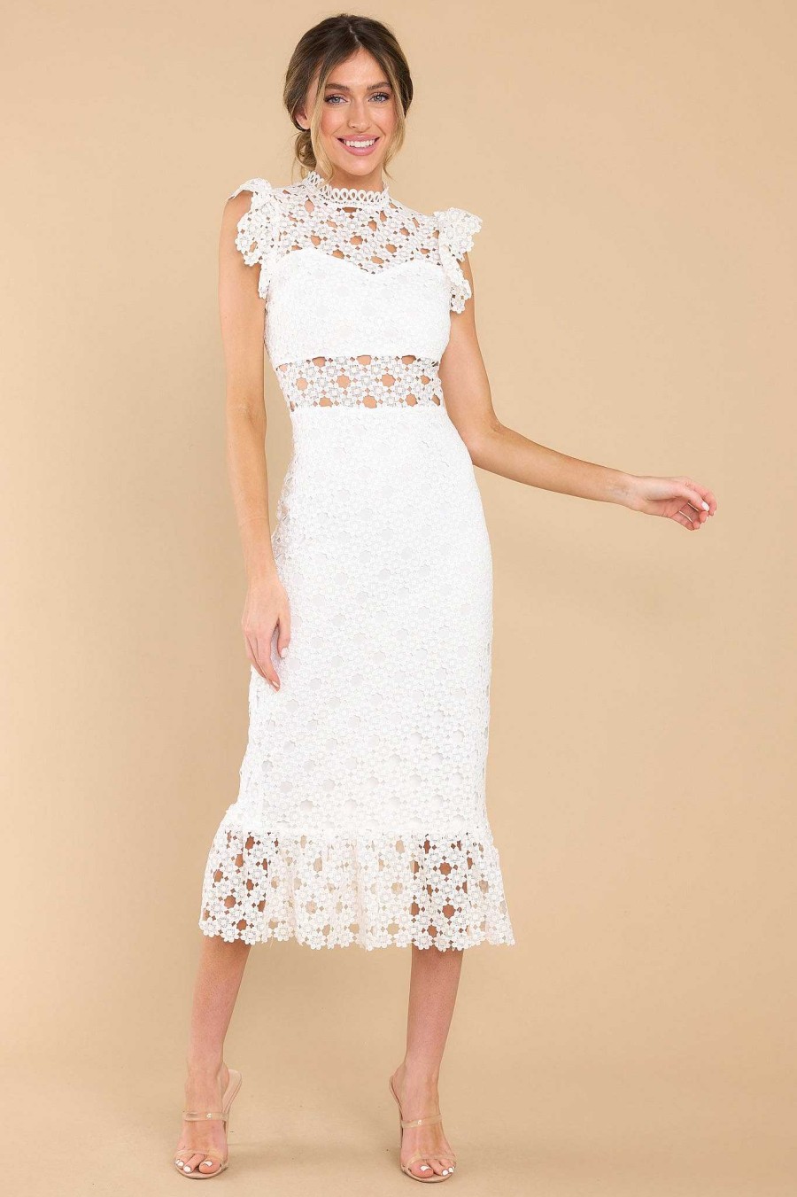 Clothing Red Dress Midi Dresses | Love'S High Hopes Crochet Midi Dress White