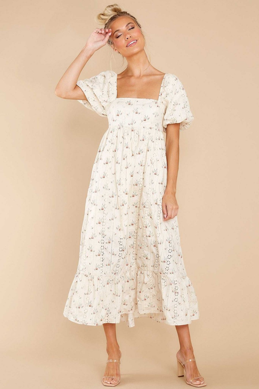 Clothing Red Dress Midi Dresses | Dance It Out Floral Eyelet Midi Dress Ivory
