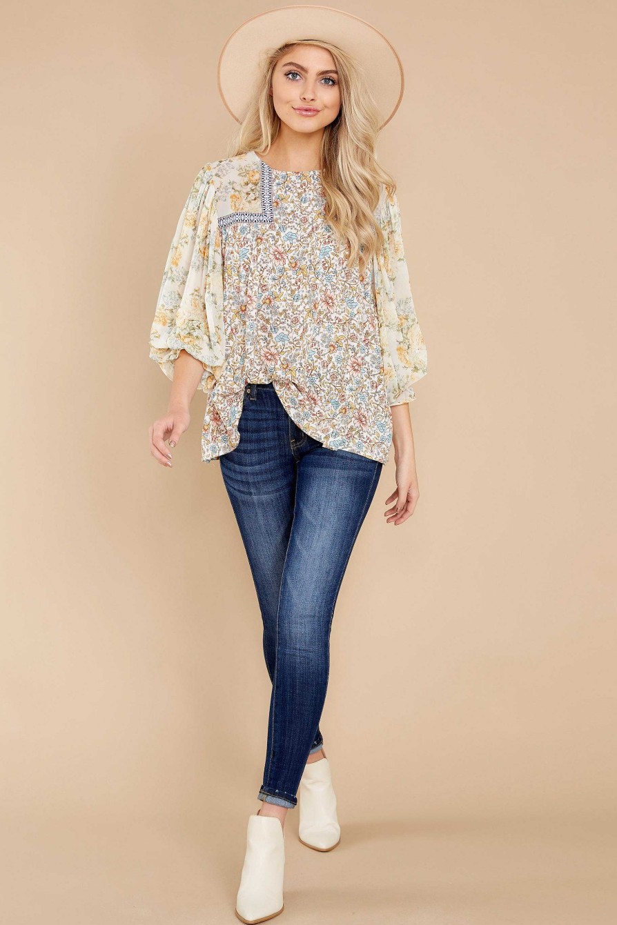 Clothing Red Dress Blouses & Shirts | Stylish Edge And Sage Floral Print Top Cream