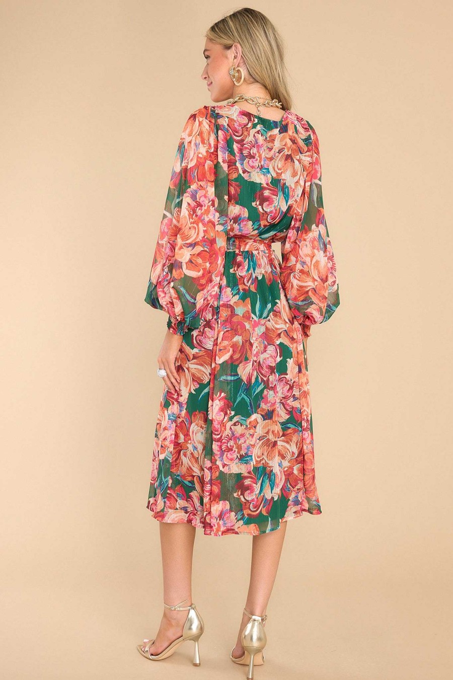 Clothing Red Dress Midi Dresses | After Party Hours Floral Print Midi Dress Green