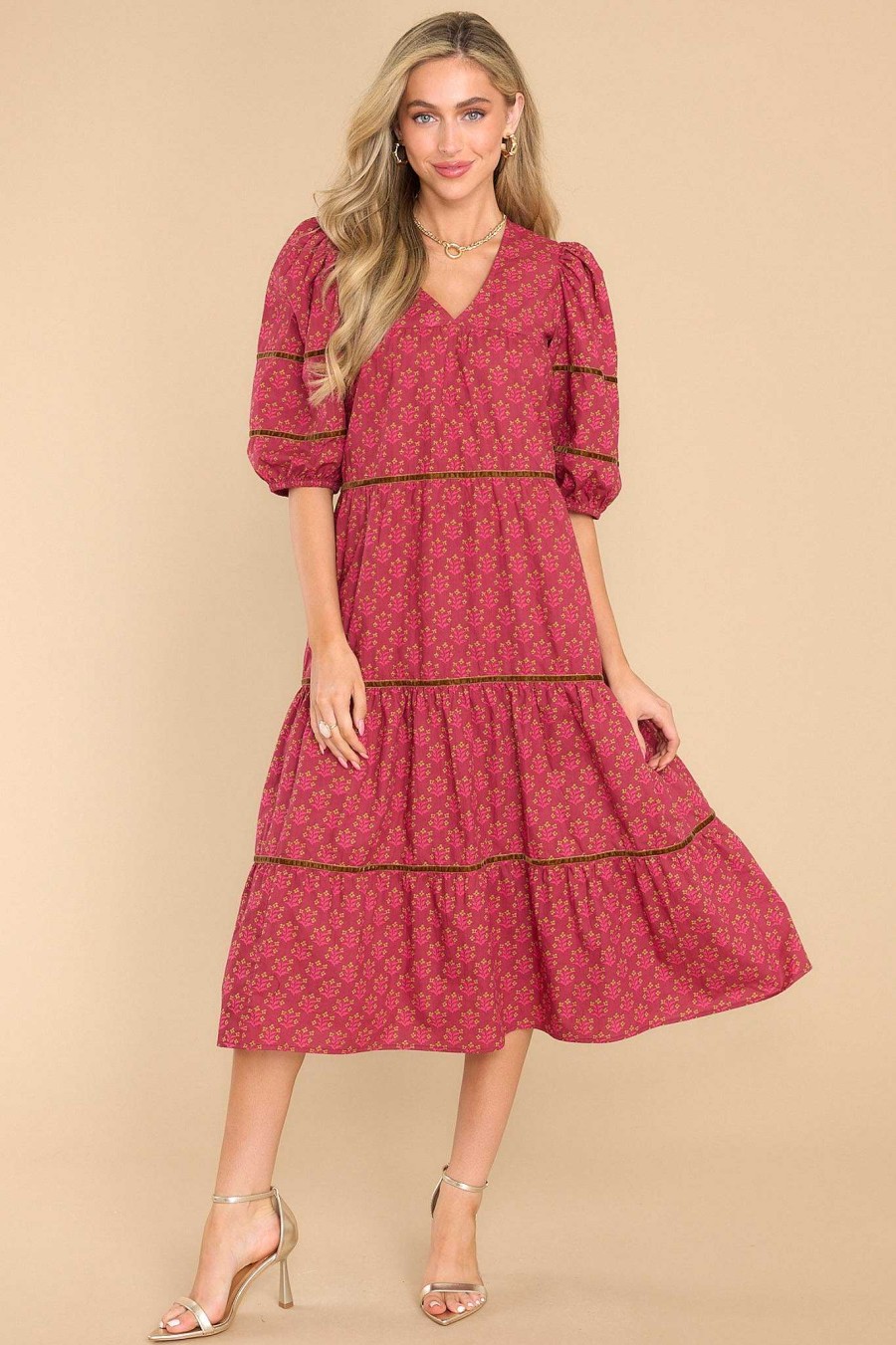 Clothing Olivia James The Label Midi Dresses | Georgia Indian Bloom Midi Dress Sangria