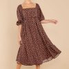 Clothing Red Dress Midi Dresses | Smart And Polished Mocha Polka Dot Midi Dress Brown