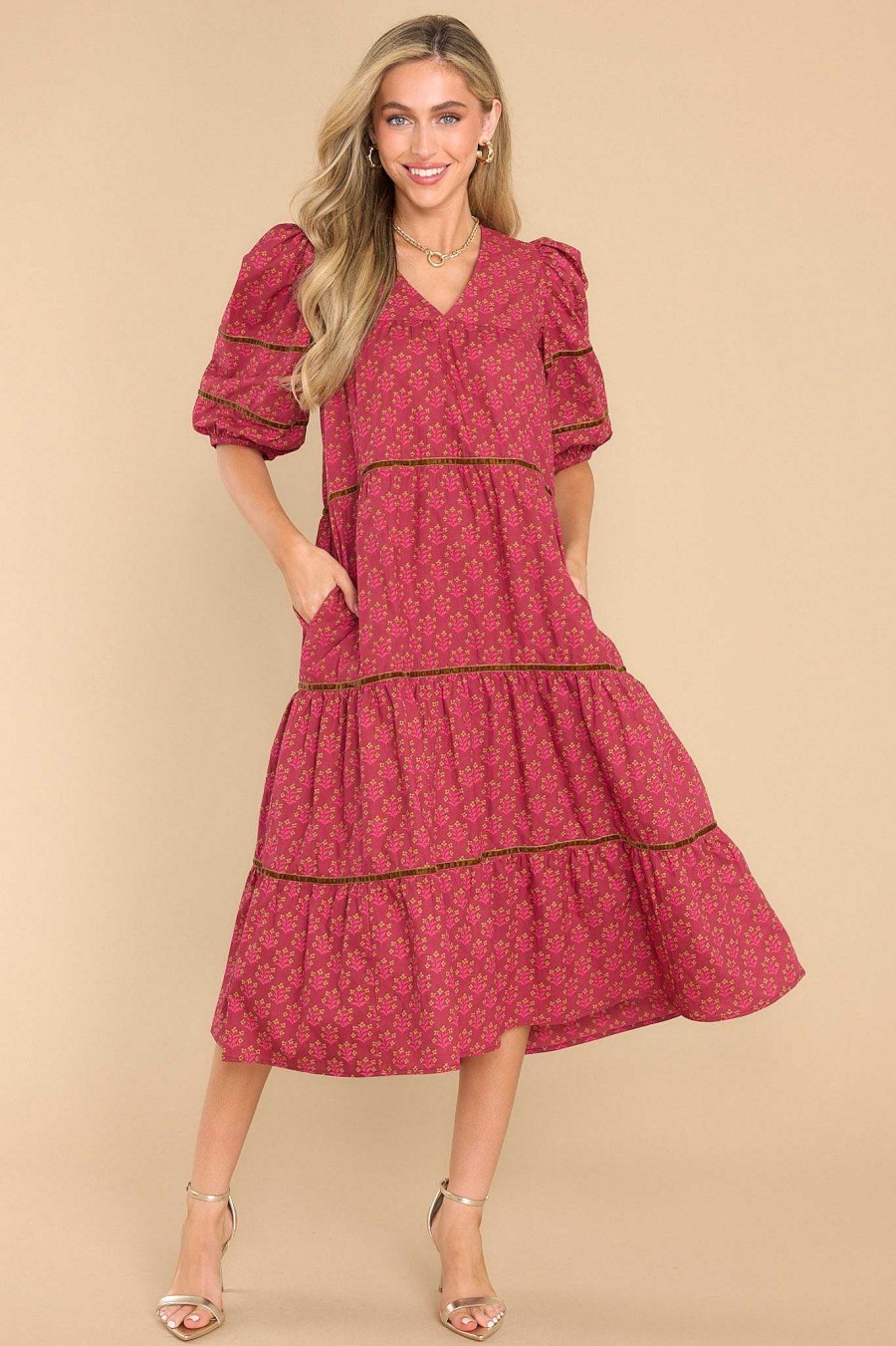 Clothing Olivia James The Label Midi Dresses | Georgia Indian Bloom Midi Dress Sangria