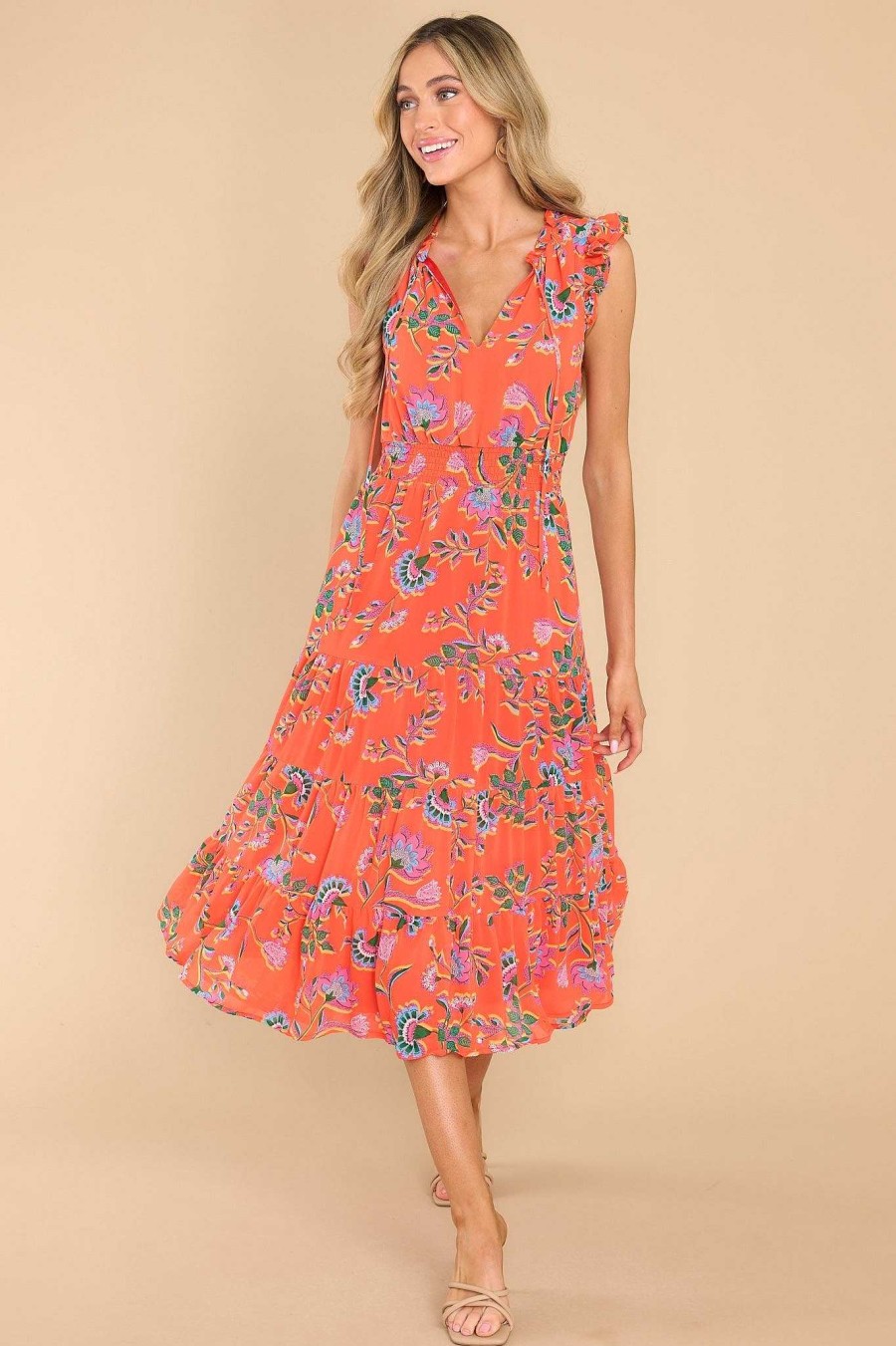 Clothing Red Dress Midi Dresses | Never Miss Floral Midi Dress Dark Coral