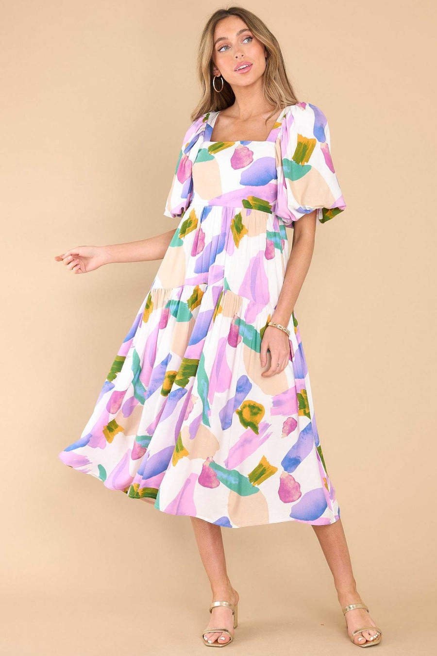 Clothing Red Dress Midi Dresses | Tell My Heart Multi Print Midi Dress Purple