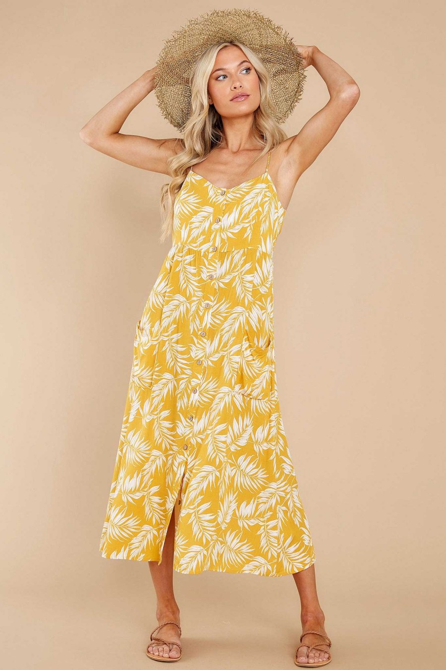 Clothing Red Dress Midi Dresses | Refreshing Feeling Marigold Leaf Print Midi Dress Yellow