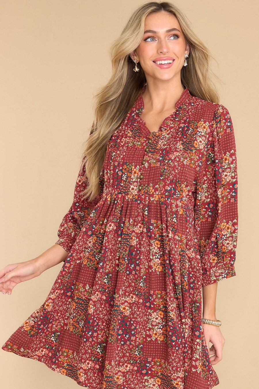 Clothing Red Dress Mini Dresses | Going With The Season Floral Print Dress Burgundy