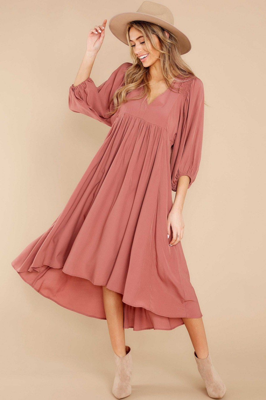 Clothing Red Dress Long Sleeve Dresses | Sweet Interlude High-Low Dress Rosewood