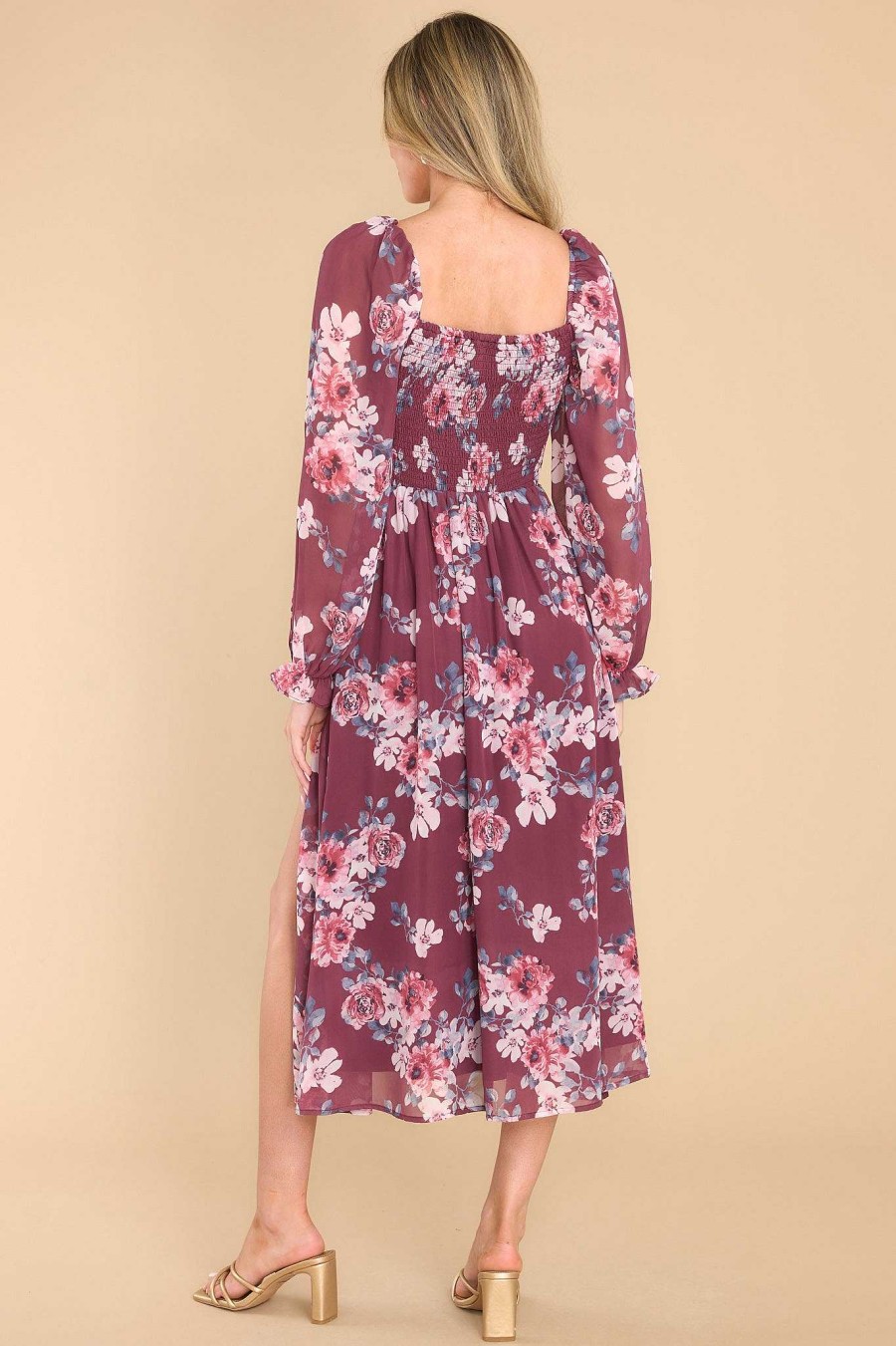 Clothing Red Dress Midi Dresses | What A Sweetheart Floral Print Midi Dress Burgundy