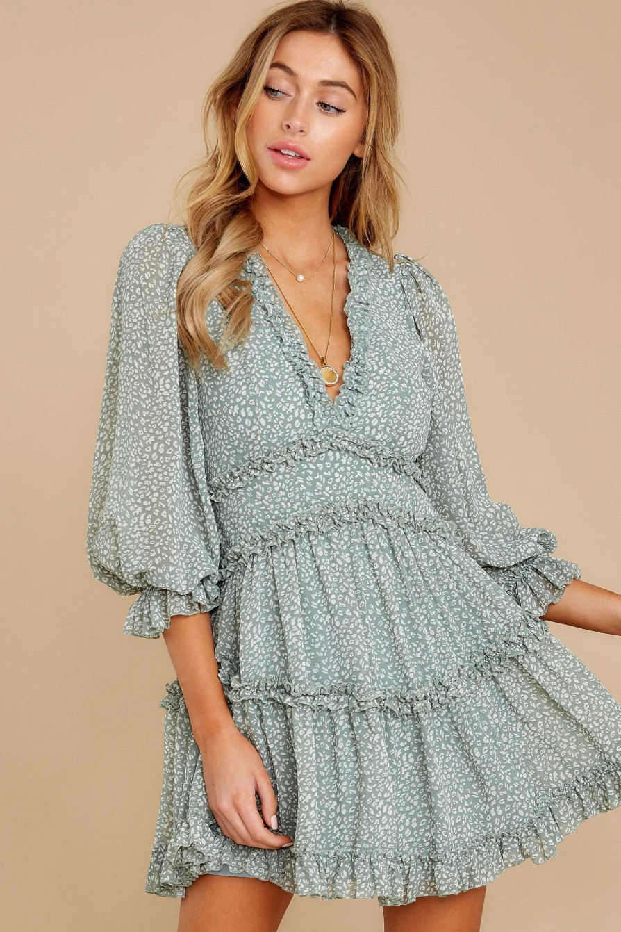 Clothing One And Only Collective Mini Dresses | Make It A Date Night Sage Green Print Dress Datenight Sageprint