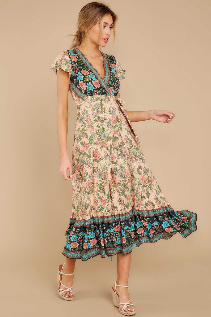 Clothing Red Dress Midi Dresses | Love Is Here Floral Print Midi Dress Nude