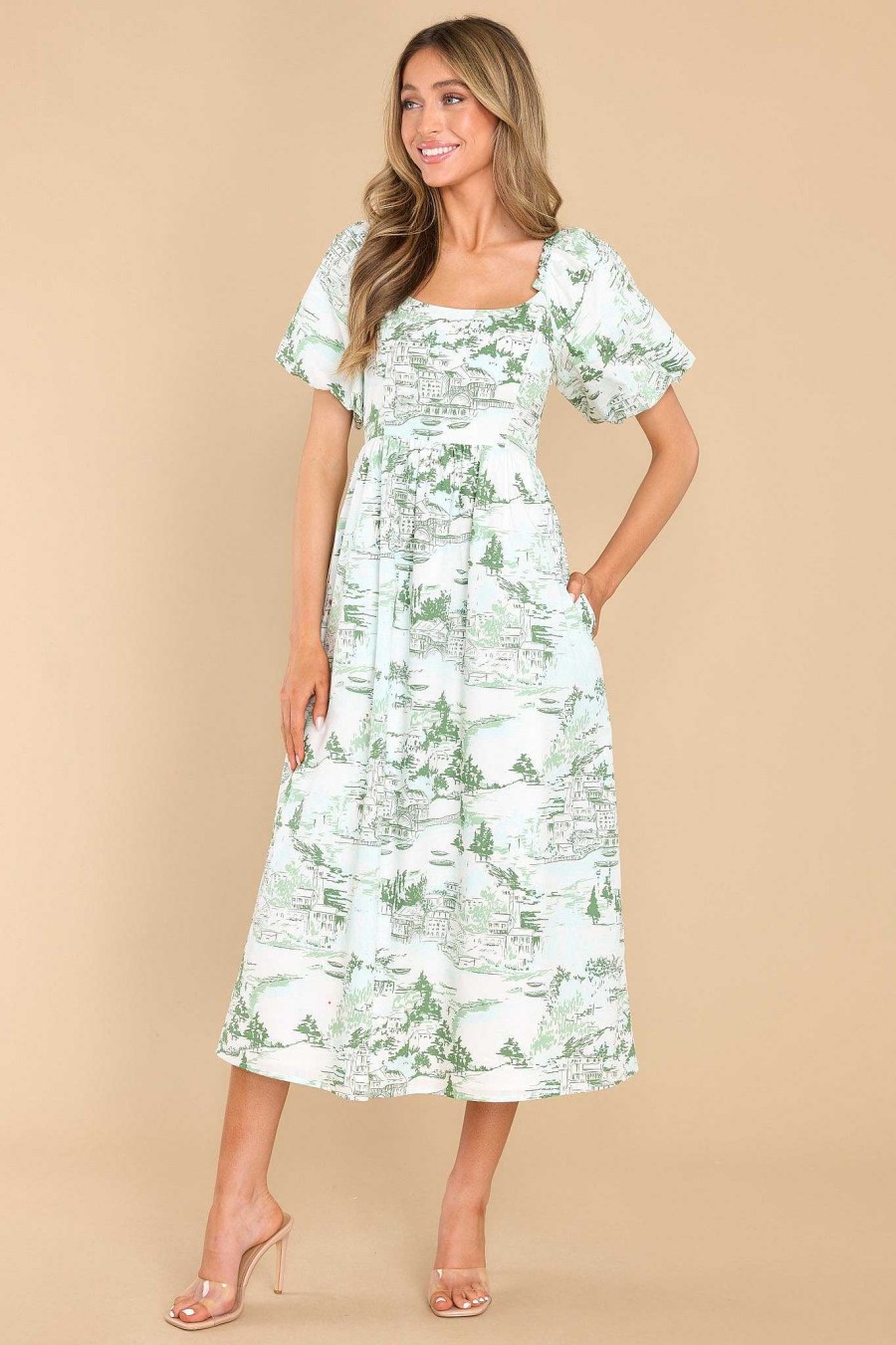 Clothing Red Dress Midi Dresses | Classically Inclined Print Midi Dress Green