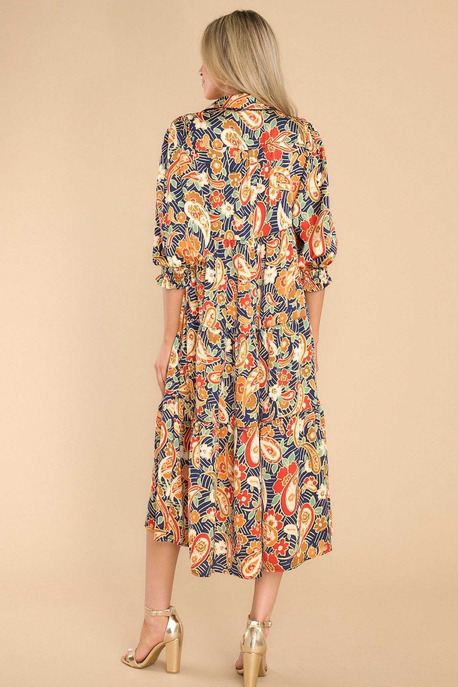 Clothing Red Dress Midi Dresses | In Awe Multi Print Midi Dress Navy